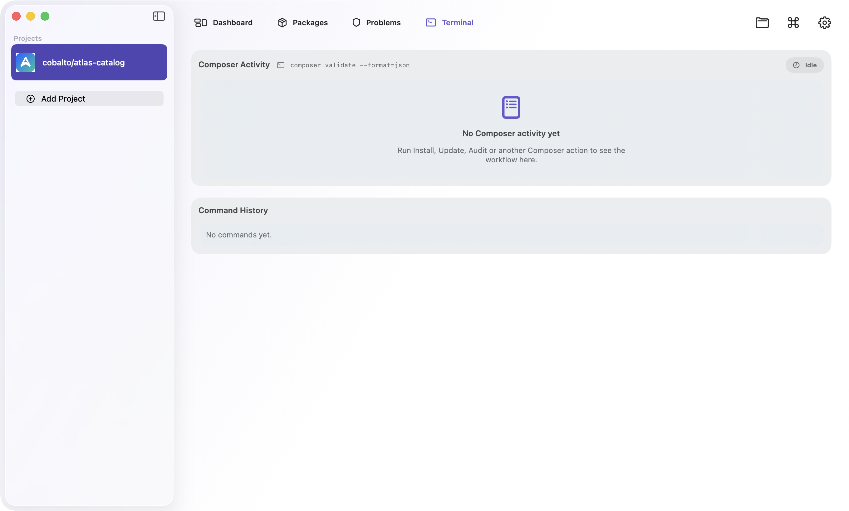 ComposerGlass Terminal view with a Composer validate command preview and activity history