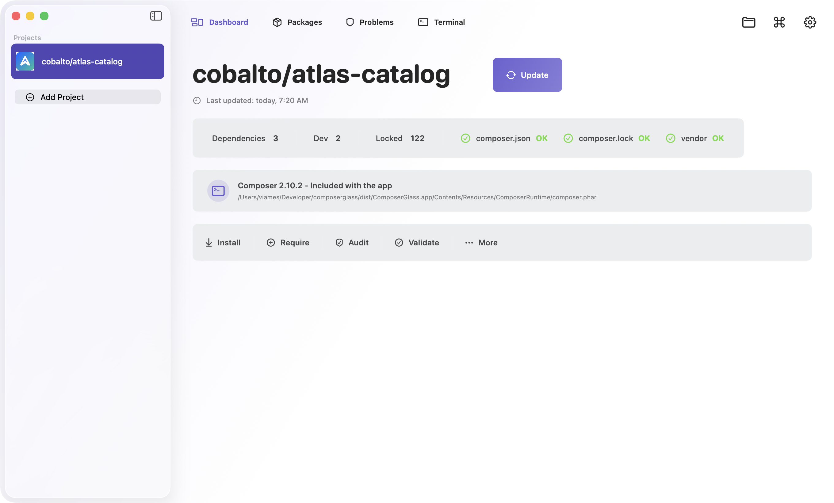ComposerGlass Dashboard for the fictional cobalto/atlas-catalog project