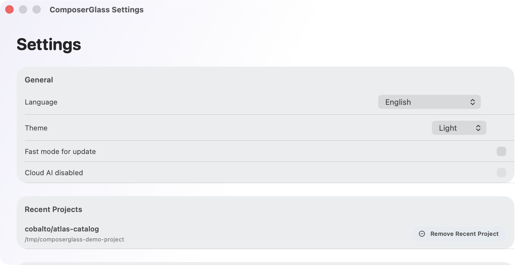 ComposerGlass Settings in light appearance with English selected